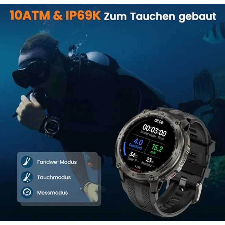 KOSPET Tank T4 GPS Smartwatch Herren, Edelstahl, 6 Satelliten-System, 10ATM wasserdicht (45 m Tauchen), 50 Tage Akku, Bluetooth-Anrufe, 24/7 Herzfrequenzmonitor – Bild 5