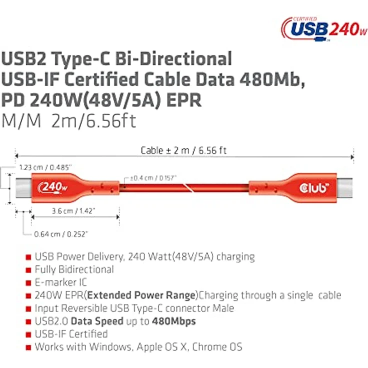 Club 3D USB 2 Typ C Kabel PD 240W, 2m, bi-direktional, 480Mbps, rot – Bild 4