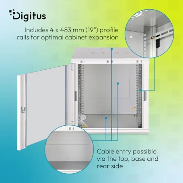 DIGITUS Netzwerkschrank 19-Zoll Rack 12HE, unmontiert, Wandmontage, 600 mm Tiefe, 60 kg Traglast, abschließbare Glastür, Dynamic-N Serie, grau – Bild 5