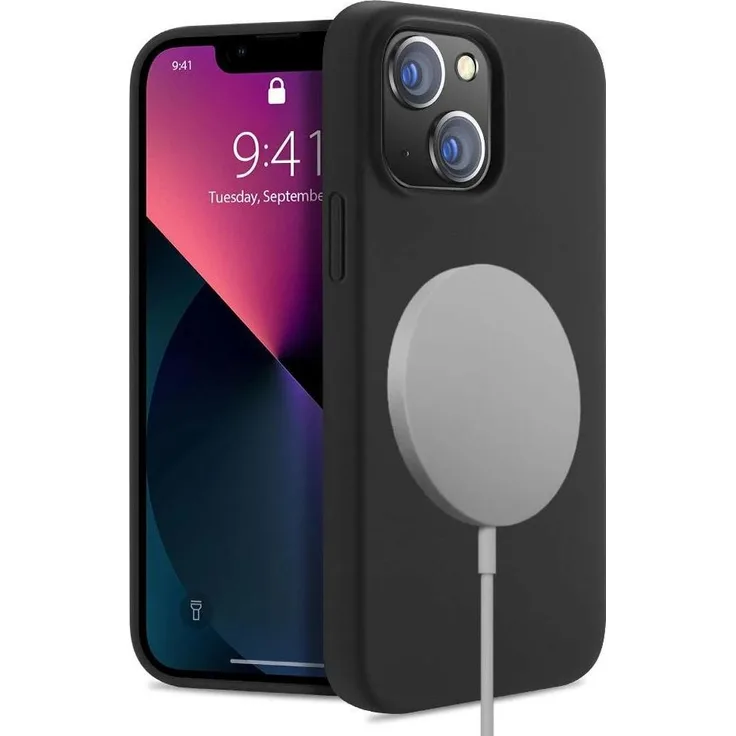 Nevox StyleShell Shock MagSafe iPhone 15 Plus, schlanke Silikon Smartphone Hülle mit Mikrofaser-Innenfutter, schwarz