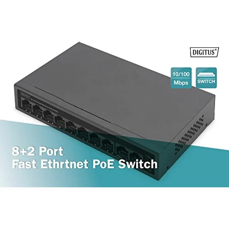 DIGITUS 10 Port Fast Ethernet PoE Switch - Unmanaged - 8 RJ45 PoE Ports + 2 RJ45 Ports - 60W PoE-Budget - CCTV-Modus - 10/100 Mbps - schwarz – Bild 4
