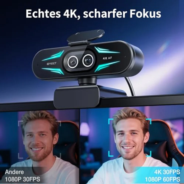 EMEET C60E, Dual-Kamera 4K-Webcam mit 11-fachem Hybrid-Zoom, Weitwinkel- und Teleobjektiv, RGB-Beleuchtung, 2 Mikrofone, Fernbedienung, ideal für Livestreaming – Bild 2