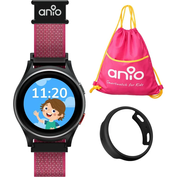 Anio 6 Kinder Smartwatch mit GPS, Anruffunktion, SOS-Knopf und Protector Case 2.0 in Schwarz, Sportbeutel in Pink