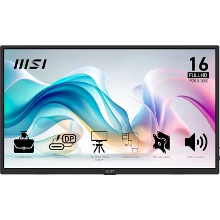 MSI Pro MP165 E6, Tragbarer Monitor 15,6 Zoll Full HD IPS-Panel, 1920 x 1080, 60 Hz, VESA-kompatibel, Schwarz