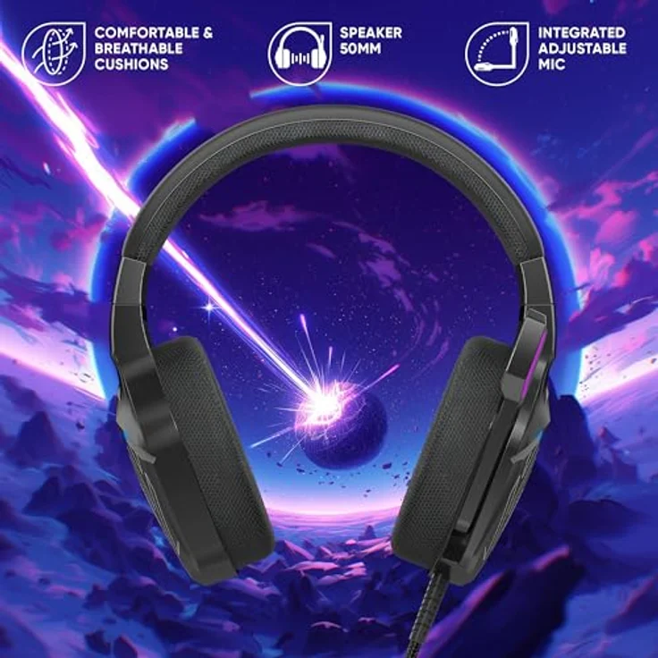 Oniverse Meteor Gaming-Headset, kabelgebunden, mit 50 mm Lautsprechern, verstellbarem Mikrofon, LED-Beleuchtung, kompatibel mit PS5, PS4, Switch, Xbox, PC und Mac, in Carbon Black oder Frost White – Bild 5