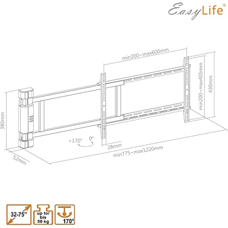 EasyLife TV Wandhalterung bis 170° elektrisch schwenkbar, VESA Wandhalterung bis 600x400 für LCD/OLED/Curved TV, Fernseher, Monitor, Display, Smartboard von 32-75 Zoll & 50kg max, Schwarz – Bild 5