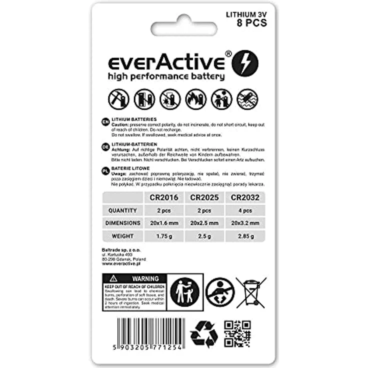 everActive Mix 2X CR2016, 2X CR2025, 4X CR2032 3V Lithium Knopfzelle Batterien, leistungsstärkste Batterie, 10 Jahre Haltbarkeit, 8 Stück -1 Blisterkarte – Bild 3