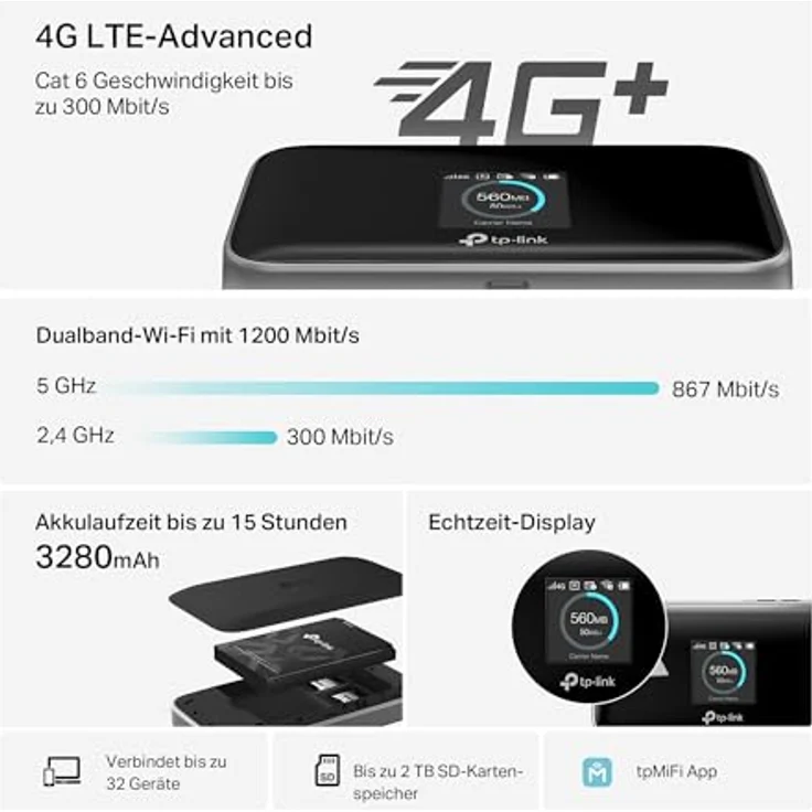 TP-Link M7450, tragbarer Router mit 300 Mbit/s, LTE, UMTS und 32 GB erweiterbarem Speicher, Schwarz – Bild 5