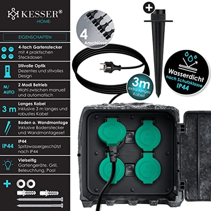 KESSER® Gartensteckdose Steinoptik mit 4 Steckplätzen Inkl. Erdspieß, IP44 Wasserdicht mit Dämmerungssensor, Anthrazit – Bild 2