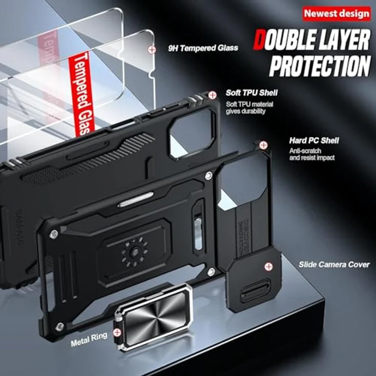 LeYi Kameraschutz Handyhülle für Samsung Galaxy A06, Militär Hardcase mit 2 Glasfolien, Stoßfest, Kratzfest, mit drehbarem Metall Ring Halter, Schwarz – Bild 4