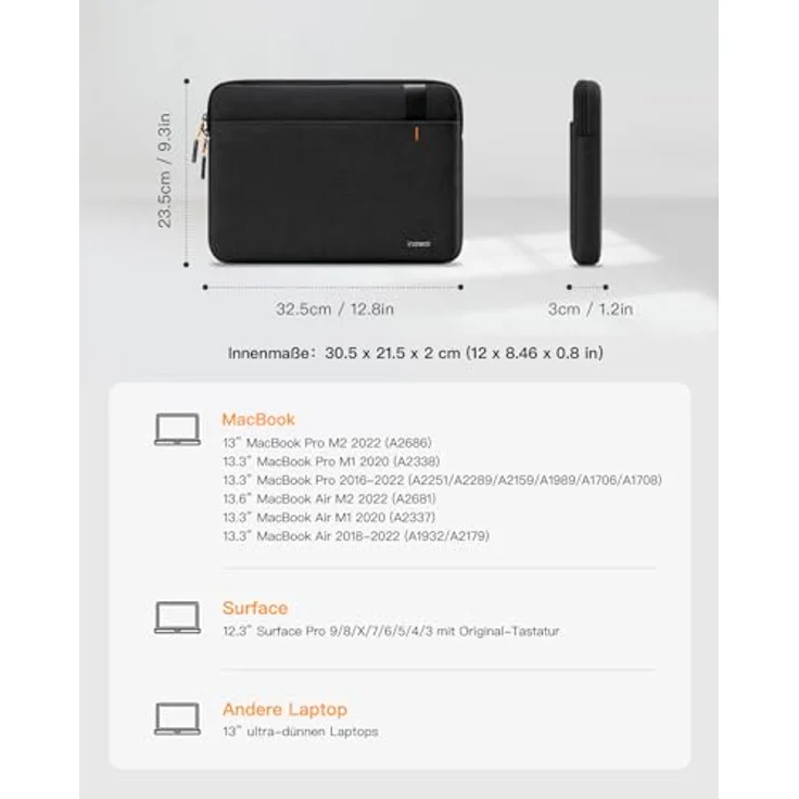 Inateck 360° Rundumschutz 13 Zoll Laptoptasche Hülle kompatibel mit 13.6 MacBook Air M2 A2681 2022/13 MacBook Air M1 2021-2018/13 MacBook Pro M2/A2686 M1 2022-2016, stoßfeste spritzfeste Laptophülle – Bild 2