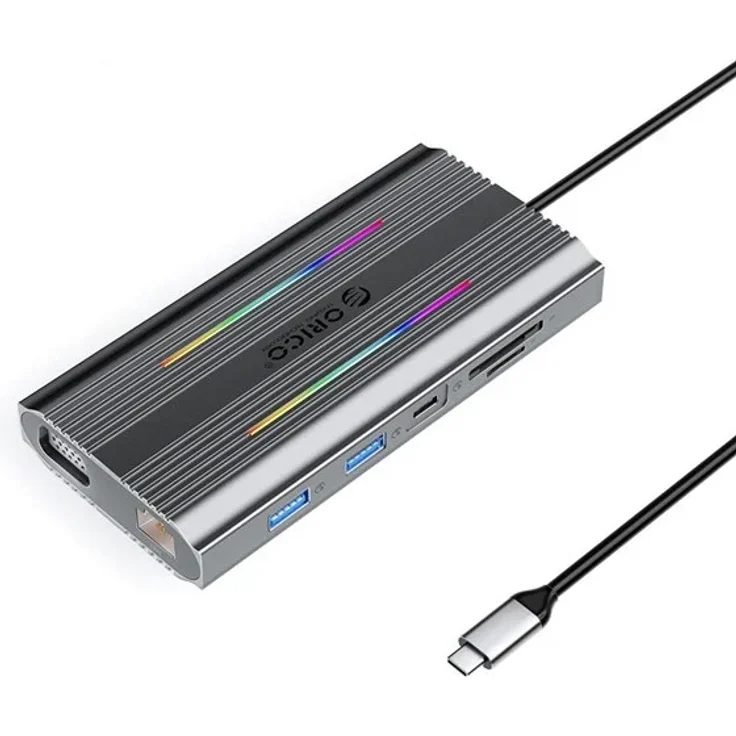 ORICO XCR 12in1 RGB USB-C Docking Station, 3x USB-A, USB-C PD 100W, HDMI 4K, VGA, RJ45 Gigabit, SD und microSD Kartenleser, Grau