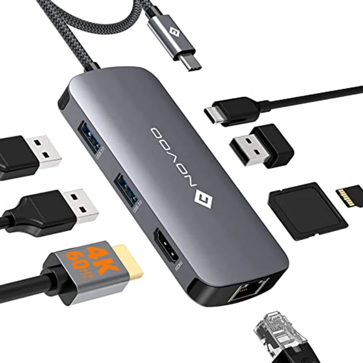 NOVOO USB C Hub 4K@60Hz HDMI Multiport Adapter, 8-in-1 HUB USB C Adapter Docking Station mit 1Gbps Ethernet, 100W PD, SD/Micro SD, USB 3.0 5Gbps Data Ports für MacBook Pro und mehr Geräte Typ C