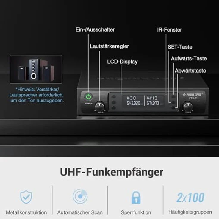 Phenyx Pro PTU-71-2H, UHF Funkmikrofon-System mit Dual Auto Scan, 290ft Reichweite, inklusive 2 Handmikrofone – Bild 3