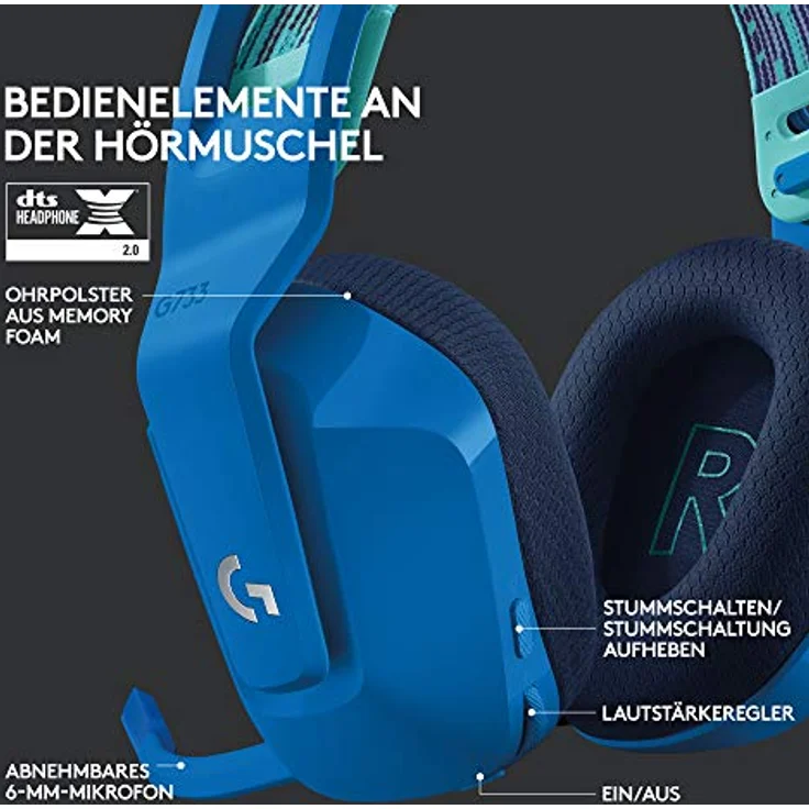 Logitech G733 LIGHTSPEED kabelloses Gaming-Headset mit Kopfbügel, LIGHTSYNC RGB, Blue VO! Mikrofontechnologie, PRO G Lautsprechern, Ultraleicht, 15-Stunden Akkulaufzeit, 20m Reichweite, Blau – Bild 5