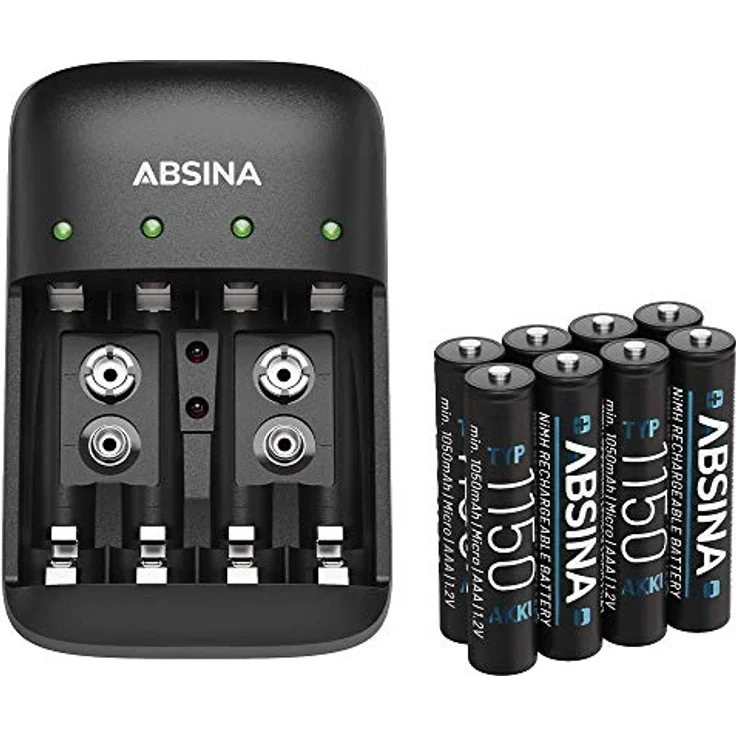 ABSINA Akku Ladegerät X4 für AA, AAA & 9V, inkl. 8x AAA 1150mAh, Schnellladefunktion mit Einzelschachtüberwachung und Defekt-Erkennung – Bild 1