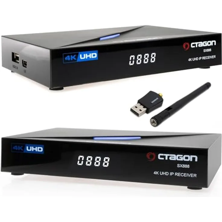 OCTAGON SX888 V2 4K UHD E2 Linux Smart TV Receiver + 600Mbit WLAN Stick - Multiboot SW: Define OS + E2 Linux, WiFi, Kartenleser, Sat to IP, YouTube, Mediathek, Web-Radio, HD, HDMI, Multiroom - Preisvergleich