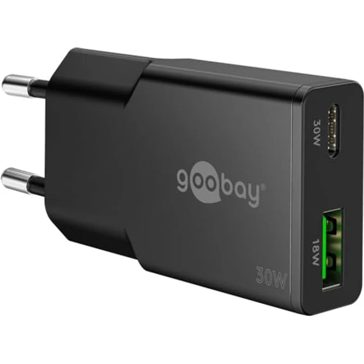 goobay USB-C Ladegerät 30W, Ultra Flaches GaN Netzteil, Dual Port mit Power Delivery & Quick Charge, Slim Ladeadapter für iPhone, Samsung Galaxy, iPad - Schwarz - 75737 – Bild 1