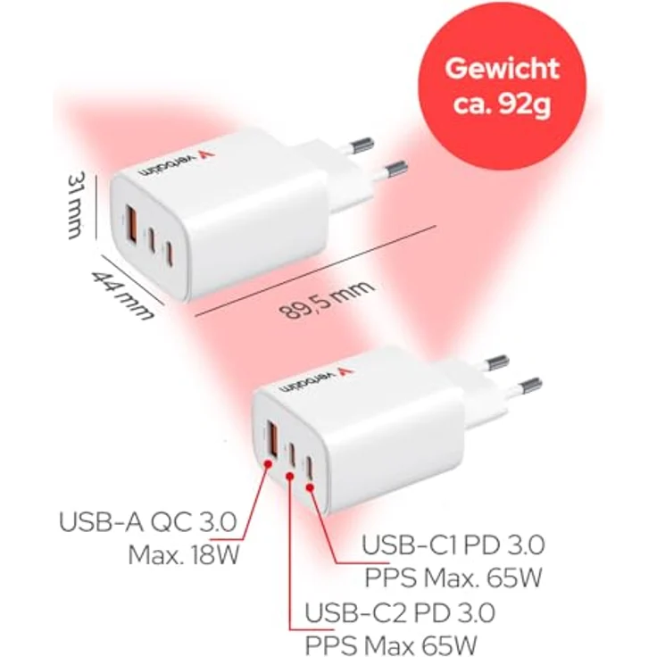 Verbatim GaN III Essentials Charger 3 Port 65W USB-A/C, USB Ladegerät in Weiß – Bild 2