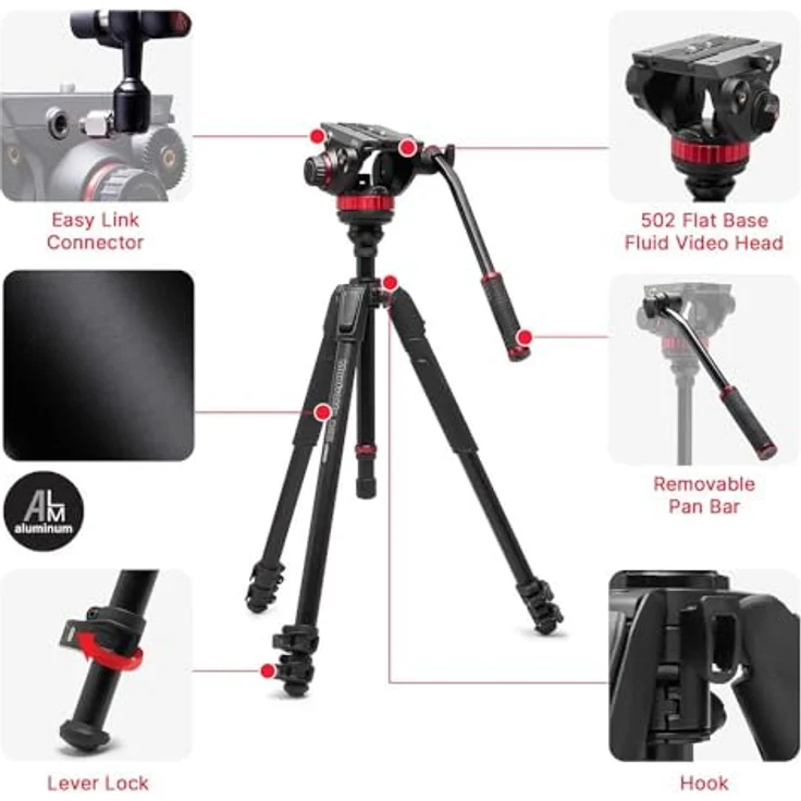 Manfrotto 055 Alu Kit, Videostativ mit Fluid-Kopf, 3 Segmente, belastbar bis 10 kg, Höhe von 54 bis 179 cm – Bild 4