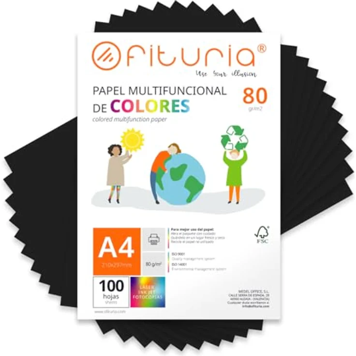 OFITURIA Buntes Papier, 100 Blatt A4 80g – Farbiges Druckerpapier für Basteln und Scrapbooking – Schwarz – Bild 1