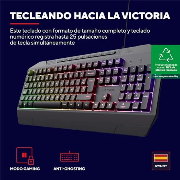 Trust Gaming GXT 836 Evocx, Gaming Tastatur QWERTY Español aus 78% recyceltem Kunststoff, langlebig und robust – Bild 2