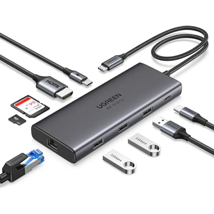UGREEN Revodok Pro 109, USB C Hub 10Gbps Docking Station mit 9 Anschlüssen, HDMI 4K@60Hz, 100W Power Delivery, Ethernet, SD/Micro SD Kartenleser