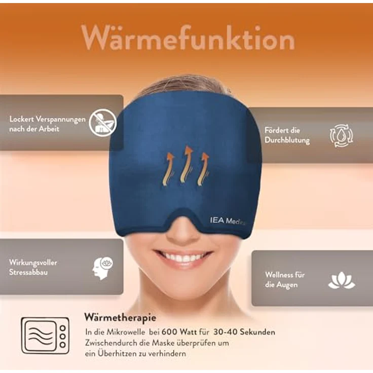 IEA Medical Migräne Maske, 360° Kühlmaske mit flexiblem Kälte- und Wärmetherapie, hygienischem Verschlussbeutel, für Kopfschmerzen und Entspannung – Bild 5