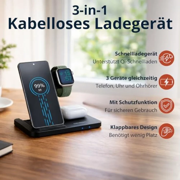 Grundig 3-in-1 Kabellose Ladestation für Apple Watch und iPhone – Faltbares Qi Ladegerät für Smartphone, Smartwatch und Kopfhörer mit Schutzfunktion und LED-Anzeige – Bild 2