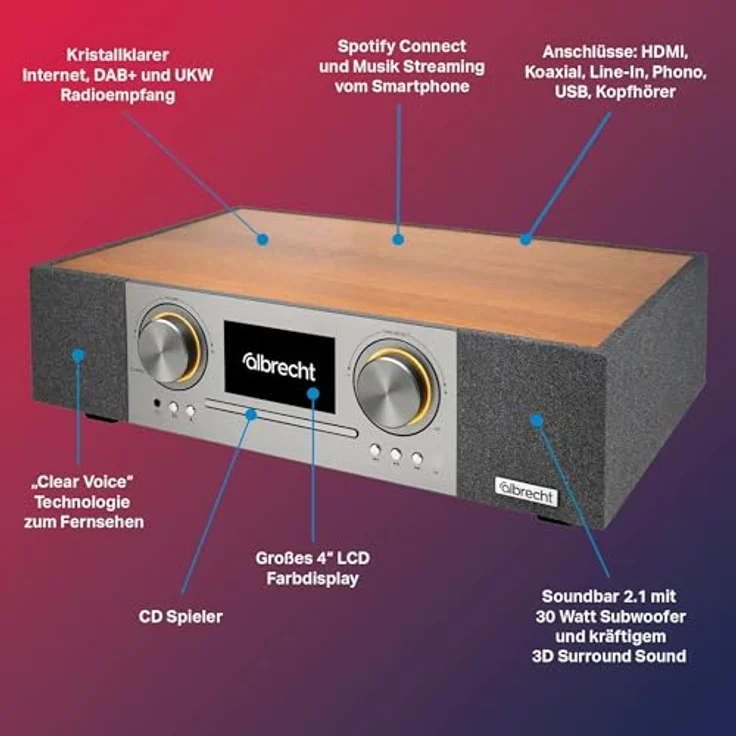 Albrecht DR 1000 All-In-One Soundsystem, 2.1 Soundbar mit 30 Watt Subwoofer, Clear-Voice, Internet-Radio, DAB+, CD-Player, Musik-Streaming, HDMI, braun/grau – Bild 3