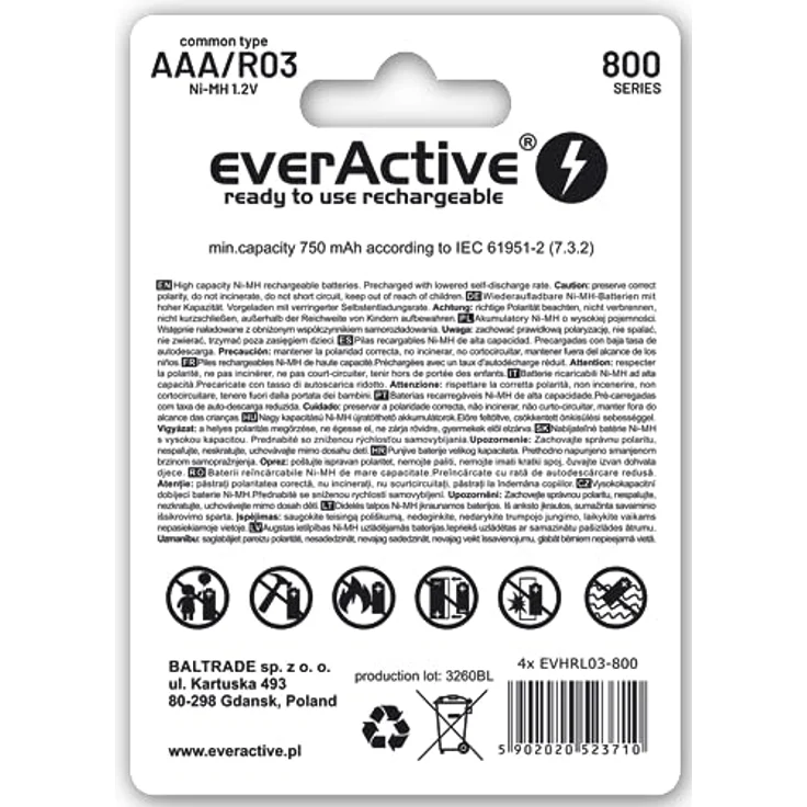 everActive Akku AAA 800 mAh 2 Stück, NI-MH, wiederaufladbare Batterien, vorgeladen, Silver Line 1.2V – Bild 2