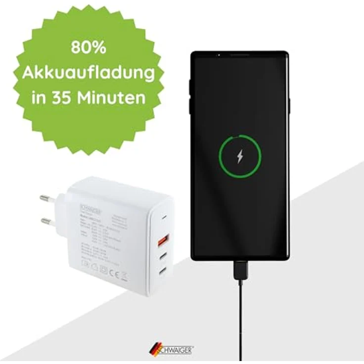 SCHWAIGER LADC2165 Schnell-Ladeadapter 65W mit 2x USB-C & USB-A, Netzteil mit Eurostecker und Status LED, kompatibel mit iPhone, Samsung, MacBook, Laptop, Tablet & Smartphone – Bild 4