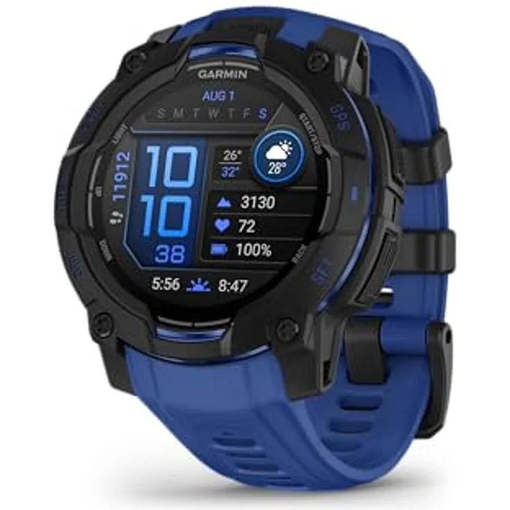 Garmin Instinct 3, 45 mm Outdoor-GPS-Smartwatch mit AMOLED-Display, integrierter Taschenlampe, limitierte Supernova-Kollektion, schwarz mit Bolzenblau/schwarzem Silikonband – Bild 1