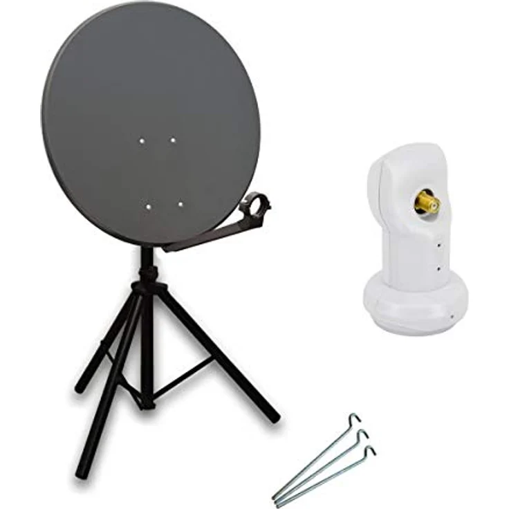 Premium X Camping Satelliten-Komplettanlage 80cm, Anthrazit, mit wasserdichtem Single LNB, Dreibein-Stativ und 3 Heringen, ideal für 4K Ultra HD Empfang – Bild 1