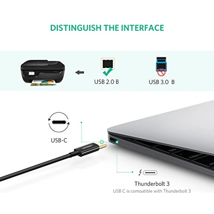 Ugreen US241 Premium USB-C zu USB-B Druckerkabel, 2m, 480Mb/s Übertragungsrate, Farbe Schwarz – Bild 4