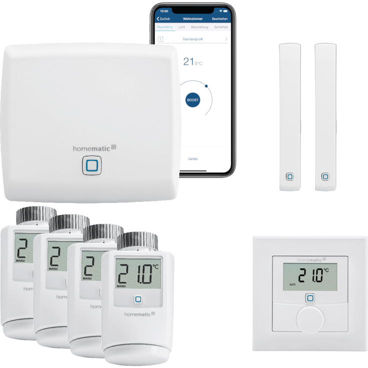 Homematic IP Funk Smart Home Heizungssteuerung, Komplettpaket für 4 Heizkörper mit kostenloser Smartphone App (1x Zentrale, 4x Heizkörperthermostate, 2x Tür-Fensterkontakte, 1x Wandthermostat), weiß (144606A)