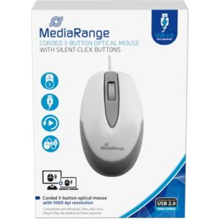 MEDIARANGE OPTISCHE MAUS MIT KABEL MROS214 3Tasten weiss-hellgrau (MROS214)