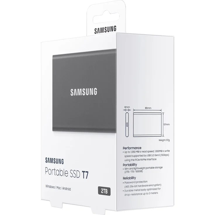 Samsung T7 MU-PC2T0T - Solid-State-Disk - verschlüsselt - 2 TB - extern (tragbar) - USB 3.2 Gen 2 (USB-C Steckverbinder) - 256-Bit-AES - Titan Gray (MU-PC2T0T/WW) – Bild 6