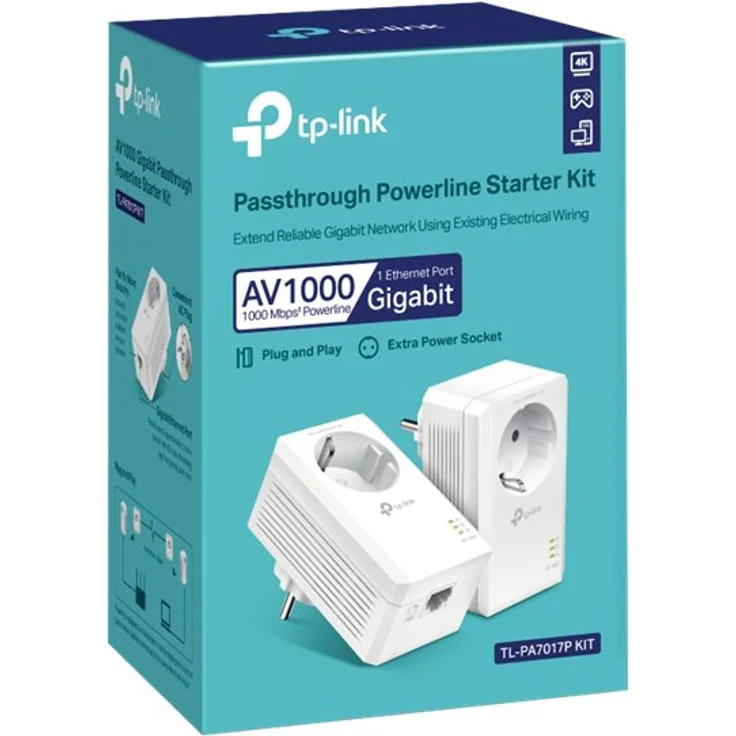 TP-Link AV1000 - Gigabit Passthrough Powerline Starter Kit - Bridge - GigE, HomePlug AV (HPAV), HomePlug AV (HPAV) 2.0, IEEE 1901 - an Wandsteckdose anschließbar (Packung mit 2) (TL-PA7017P KIT) – Bild 2