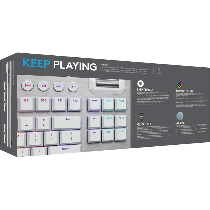 Logitech G915 LIGHTSPEED TKL kabellose mechanische Gaming-Tastatur ohne Ziffernblock, Taktiler GL-Tasten-Switch mit flachem Profil, LIGHTSYNC RGB, Ultraschlankes Design, 40 Stunden Akkulaufzeit, Weiß (Deutsch QWERTZ) – Bild 4
