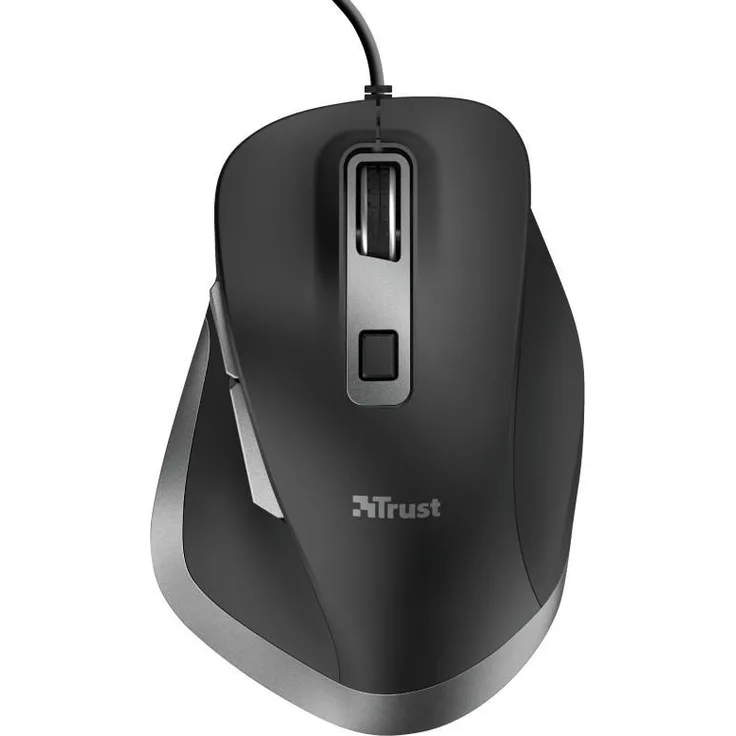 Trust Fyda Geschwungene Kabelmaus (Maus mit Ergonomisches Design, Sechs Tasten, 600-1400-2800-5000 DPI) Schwarz