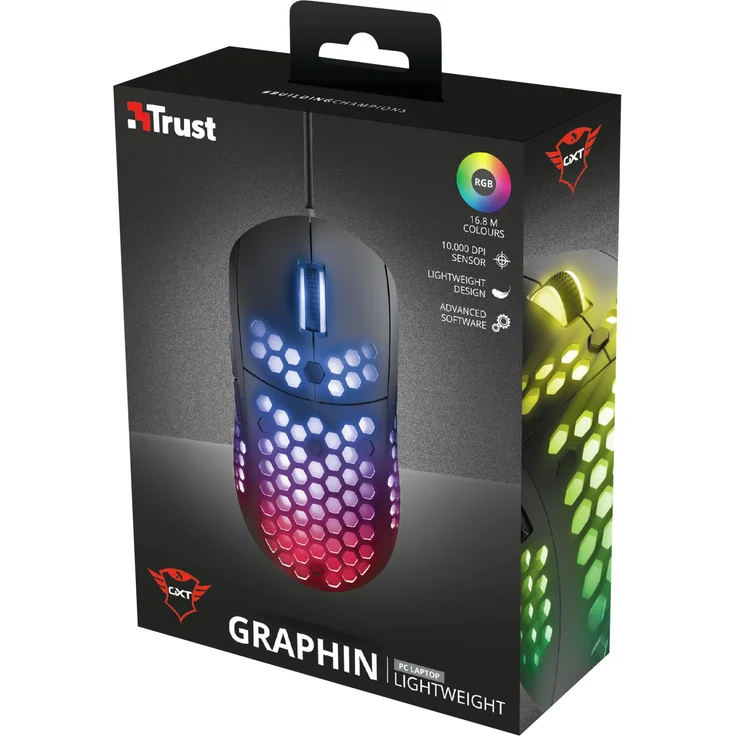Trust Gaming GXT 960 Graphin Leichte RGB-beleuchtete Gaming Maus (Mouse mit mit Honigwabenmantel, 74 g, bis 10.000 DPI, Einstellbare Pollrate bis zu 1000 Hz) Schwarz – Bild 4