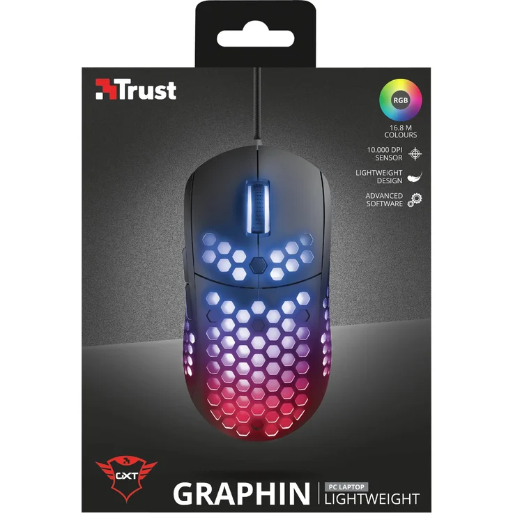 Trust Gaming GXT 960 Graphin Leichte RGB-beleuchtete Gaming Maus (Mouse mit mit Honigwabenmantel, 74 g, bis 10.000 DPI, Einstellbare Pollrate bis zu 1000 Hz) Schwarz – Bild 5