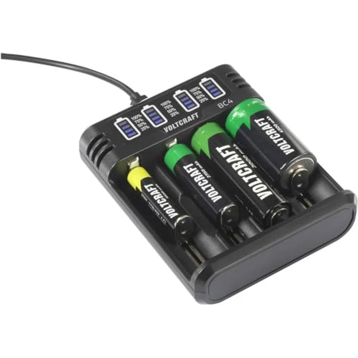 Voltcraft BC4 Rundzellen-Ladegerät LiIon, NiMH Mignon (AA), Micro (AAA), Baby (C), Sub-C, 10440, 16340, CR-123A, 17335, Ladegerät mit Ladeanzeige und Sicherheitsfunktionen, USB-C Kabel, schwarz – Bild 2