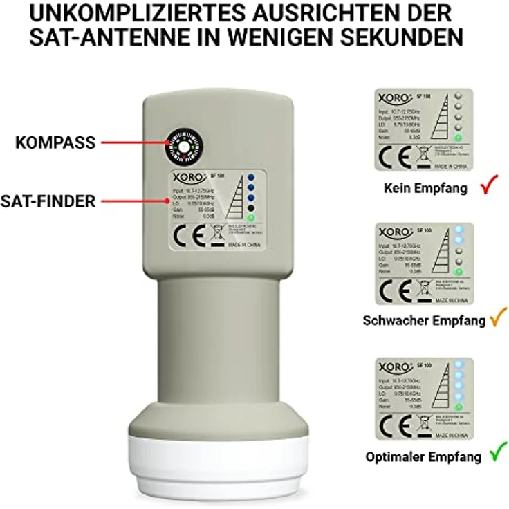 Xoro SF 100 - Single LNB mit integriertem digitalem SAT-Finde, ideal für Camping, schnelle und einfache Ausrichtung, Anzeige der Signalstärke direkt am LNB – Bild 5