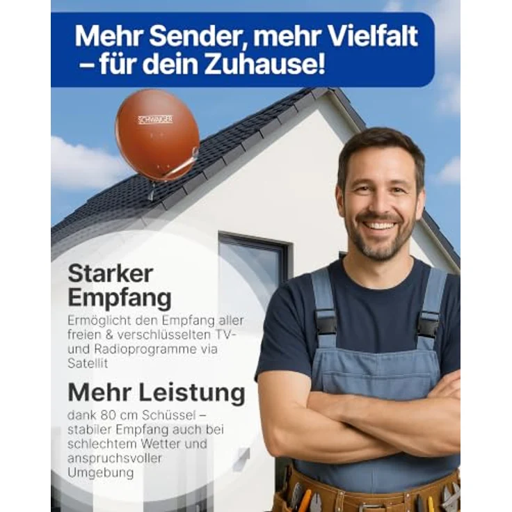 SCHWAIGER Satellitenschüssel Ø 80 cm, Aluminium Offset Antenne in Ziegelrot, wetterfest, Multifeed geeignet, LNB Tragarm & Masthalterung, max. Empfangsleistung 38,5 dB – Bild 2