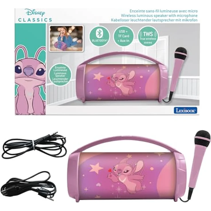Lexibook Disney Stitch, Leuchtender kabelloser Lautsprecher mit Mikrofon, Stereo-Sound, Karaoke-Funktion, USB- und SD-Anschluss, wiederaufladbarer Akku, rosa, BTP585D1Z – Bild 1