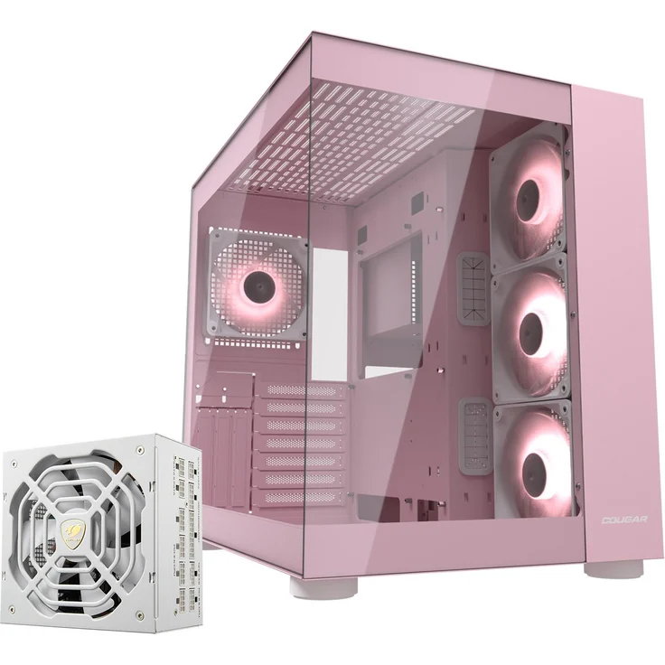COUGAR FV150 RGB, Midi-Tower Gaming-Gehäuse in pink mit USB 3.2 Gen 2 Type-C, 2x USB-A 3.0, vorinstalliertem GR 1000 80+ Gold Netzteil und ARGB-Lüftern