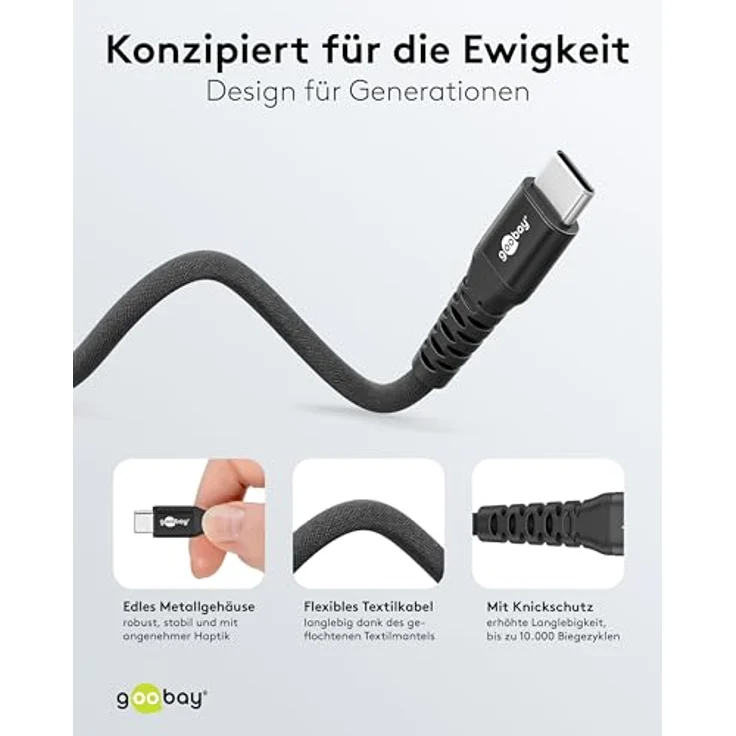 Goobay USB-C™ Textilkabel, 0,5 m, supersoft mit Metallsteckern, 60 W Schnellladen, schwarz – Bild 4