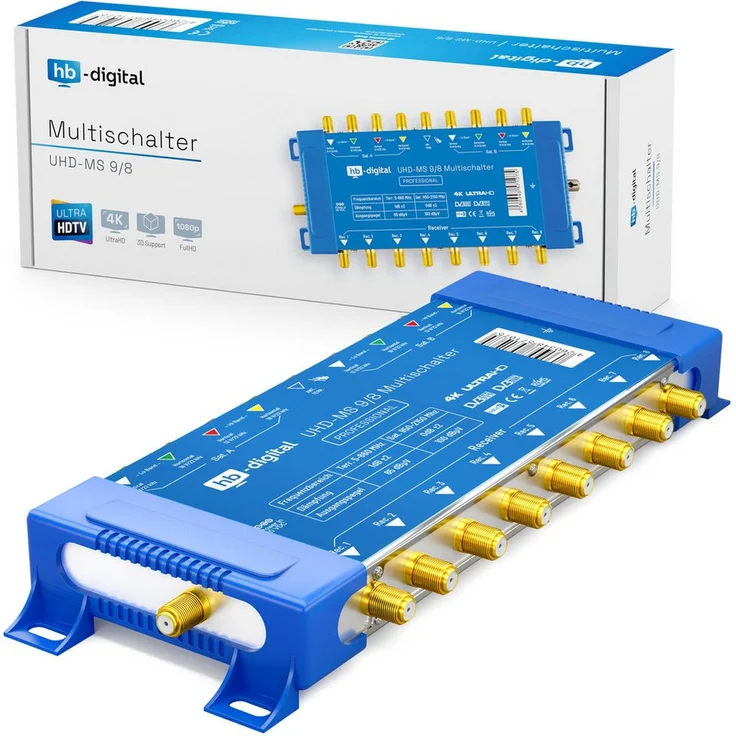 HB-DIGITAL SAT-Multischalter UHD-MS 9/8, 8 Teilnehmer, für Quattro LNBs, 4K fähig, vergoldete F-Anschlüsse